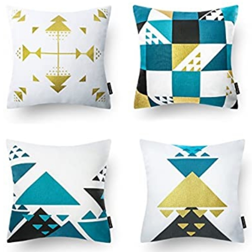 🆕Set of 4 100% Cotton Gold Geometric Pillow Cover